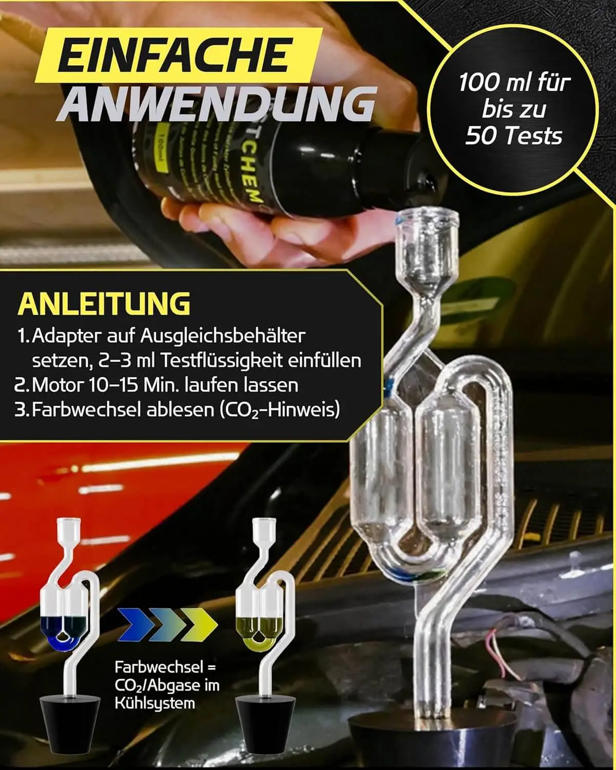 TESTCHEM CO₂-Kopfdichtung Testkit – Kühlsystem-Abgastest für bis zu 50 Tests - Afbeelding 3